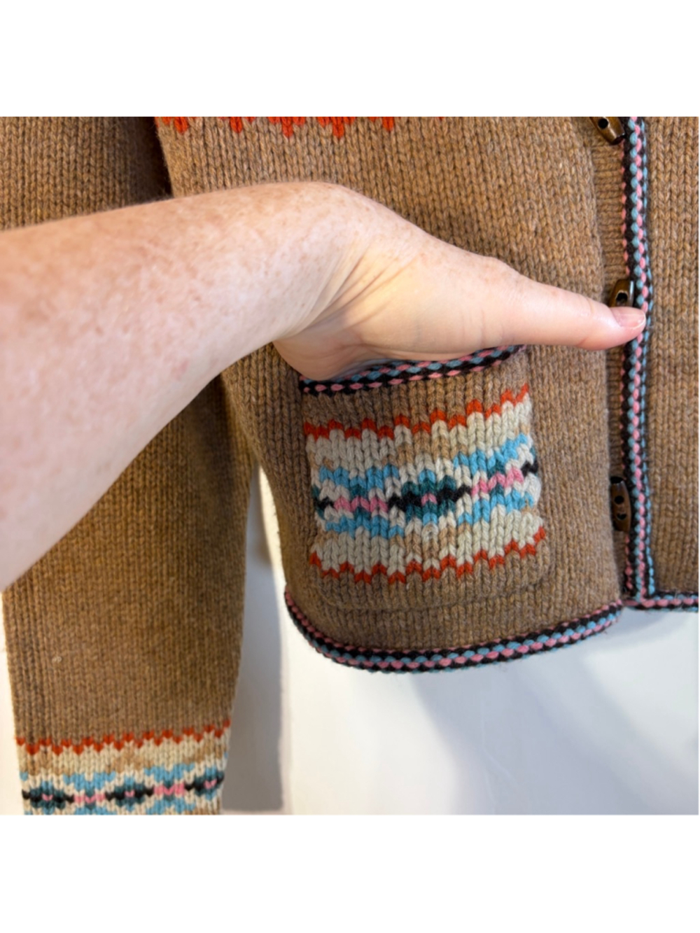 GAP Brown Fair Isle Lambswool Cardigan Women’s Large Button Front V-Neck Pockets - Picture 2 of 12